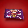 Vimto flavoured jelly sweets in the shape of fried eggs in a purple wrapper on a red background 
