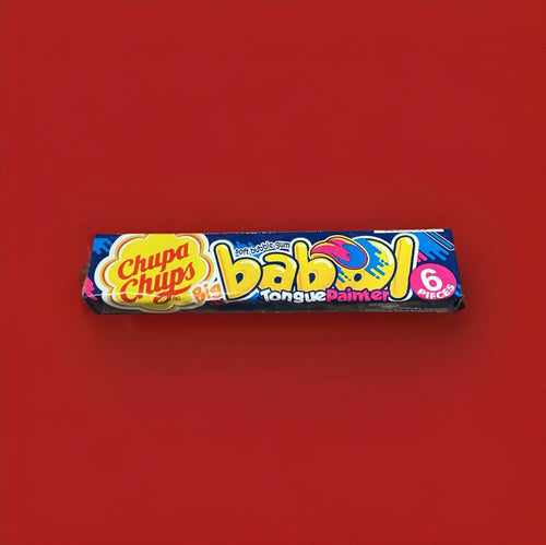 Fruit flavoured tongue painting bubblegum squares in a blue and yellow wrapper on a red background 