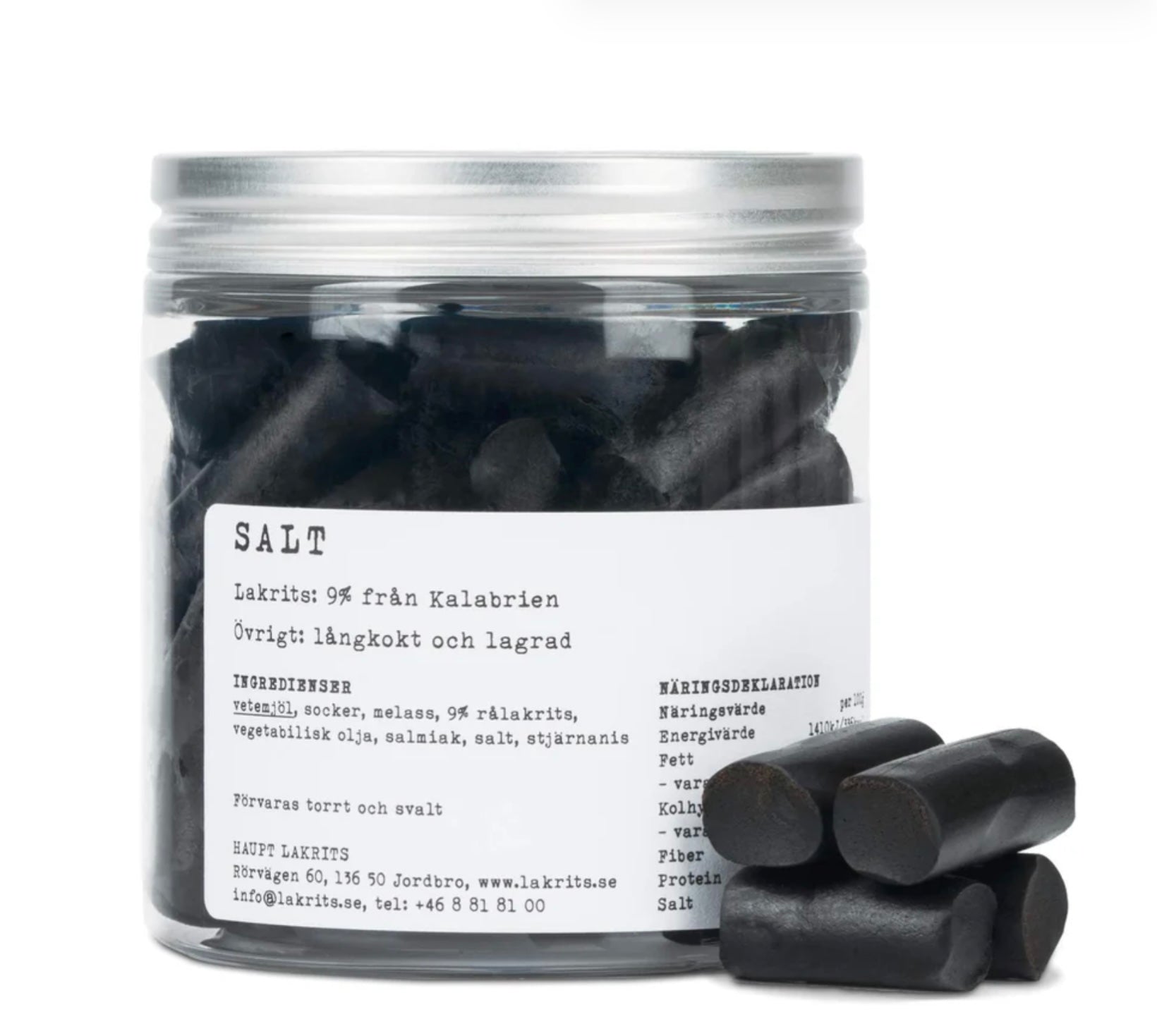 A jar of slow cooked salty liquorice with a white background 