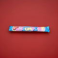 Long twisted marshmallow in a pink blue and yellow wrapper 