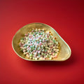 Hard boiled spearmint flavoured pips in a gold bowl on a red background 