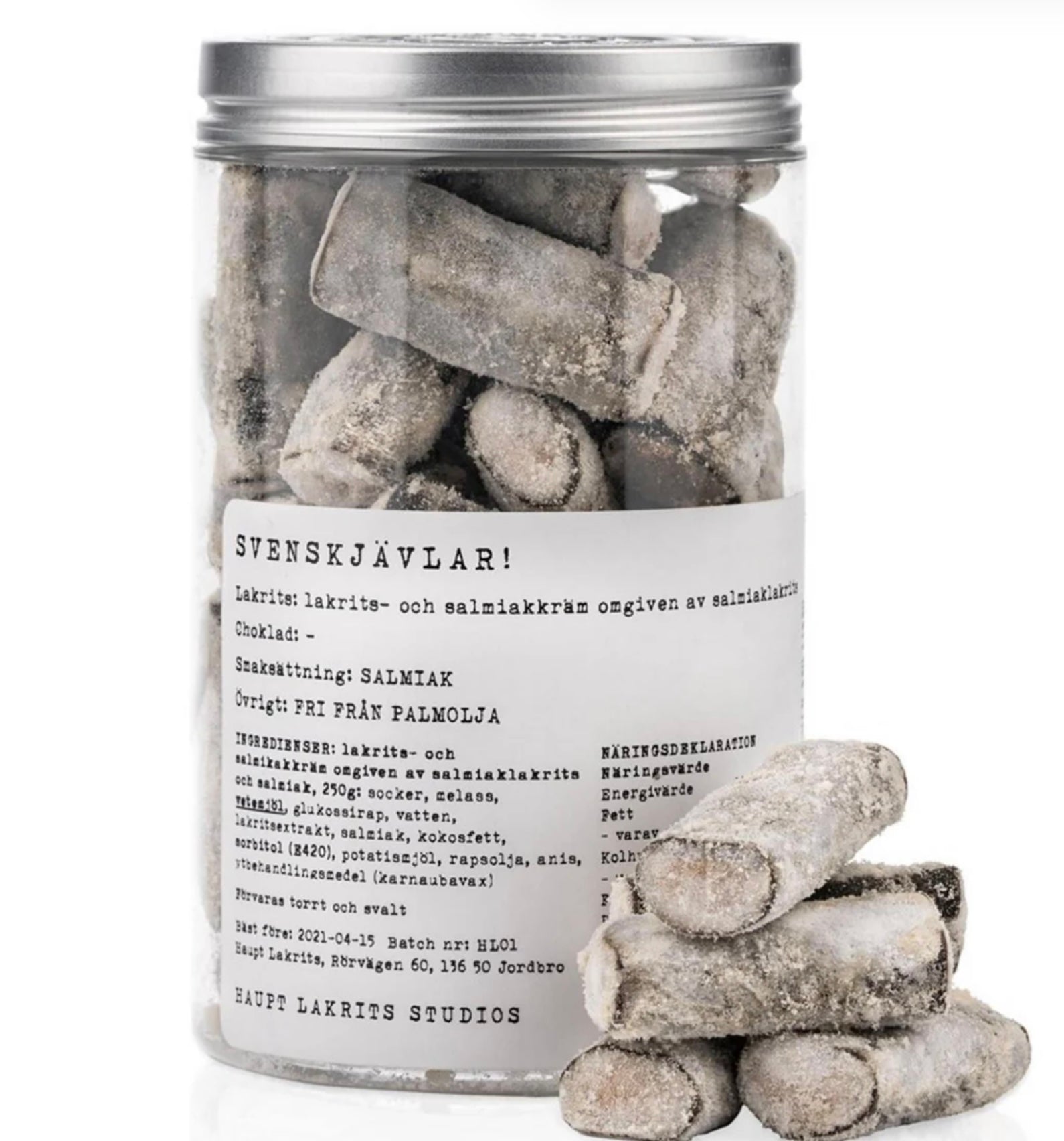 A jar of the worlds saltiest liquorice on a white background 