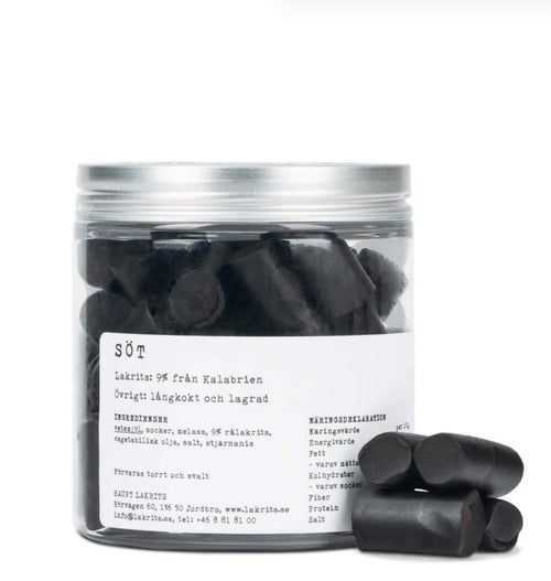 A jar of slow cooked sweet black liquorice with a white background 