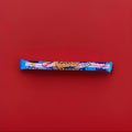 Wrapped long raspberry flavoured jelly sweet with sprinkles on in a blue and red wrapper 