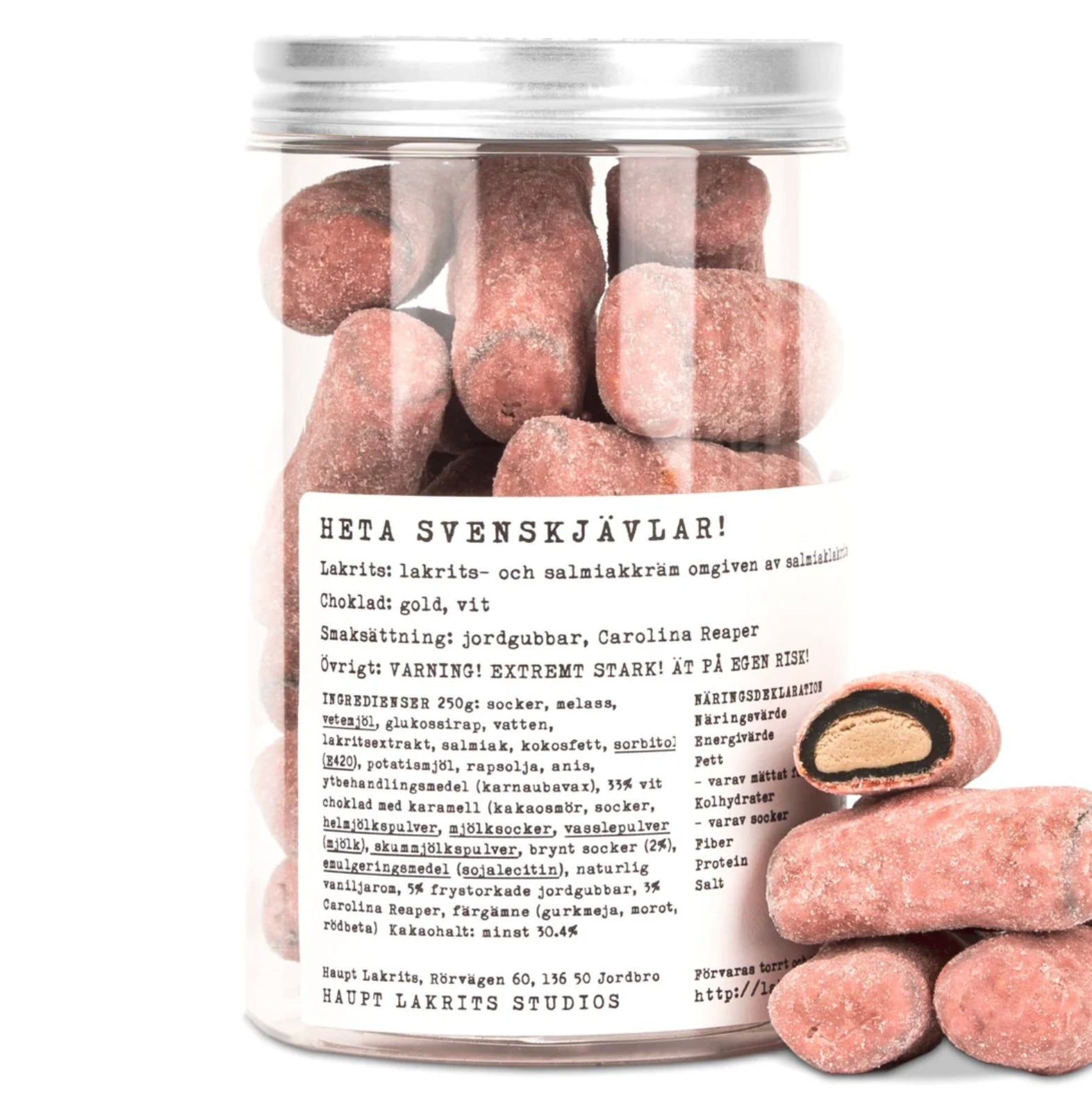 A jar of Caroliner reaper chilli and white chocolate liquorice on a white background 